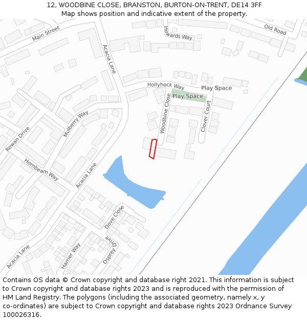 12, WOODBINE CLOSE, BRANSTON, BURTON-ON-TRENT, DE14 3FF: Location map and indicative extent of plot
