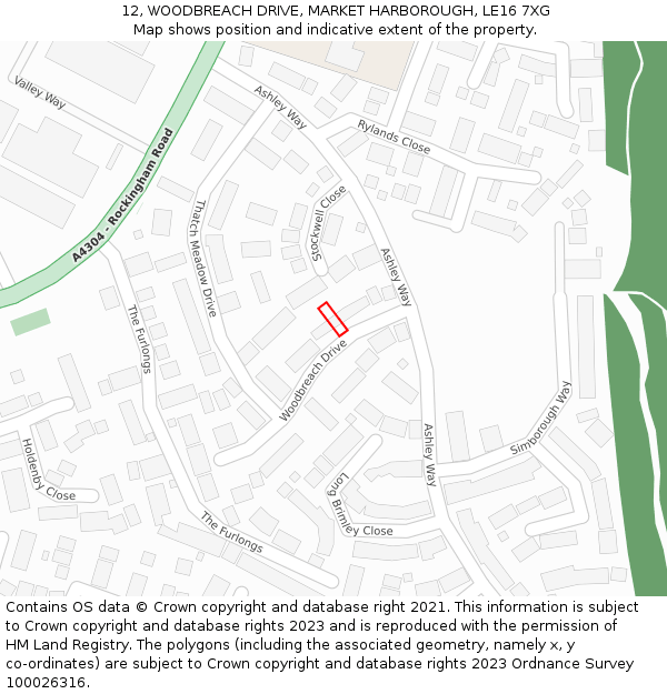 12, WOODBREACH DRIVE, MARKET HARBOROUGH, LE16 7XG: Location map and indicative extent of plot