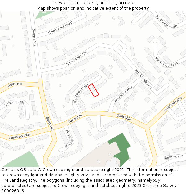 12, WOODFIELD CLOSE, REDHILL, RH1 2DL: Location map and indicative extent of plot