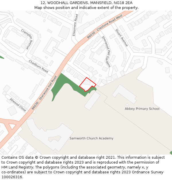 12, WOODHALL GARDENS, MANSFIELD, NG18 2EA: Location map and indicative extent of plot