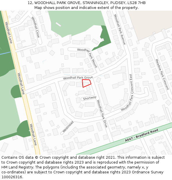 12, WOODHALL PARK GROVE, STANNINGLEY, PUDSEY, LS28 7HB: Location map and indicative extent of plot