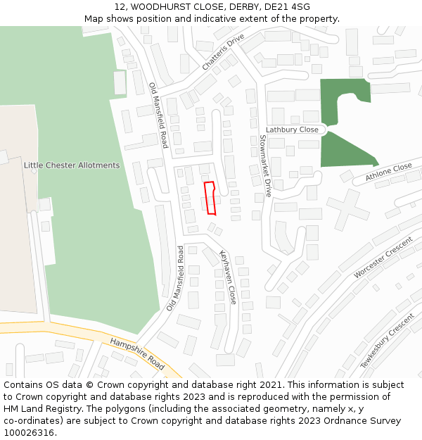 12, WOODHURST CLOSE, DERBY, DE21 4SG: Location map and indicative extent of plot