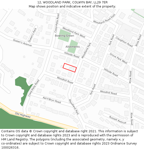 12, WOODLAND PARK, COLWYN BAY, LL29 7ER: Location map and indicative extent of plot