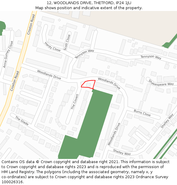 12, WOODLANDS DRIVE, THETFORD, IP24 1JU: Location map and indicative extent of plot