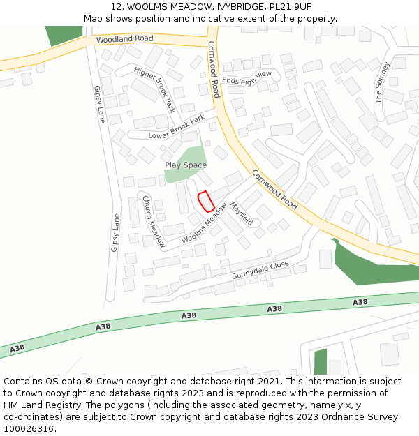 12, WOOLMS MEADOW, IVYBRIDGE, PL21 9UF: Location map and indicative extent of plot