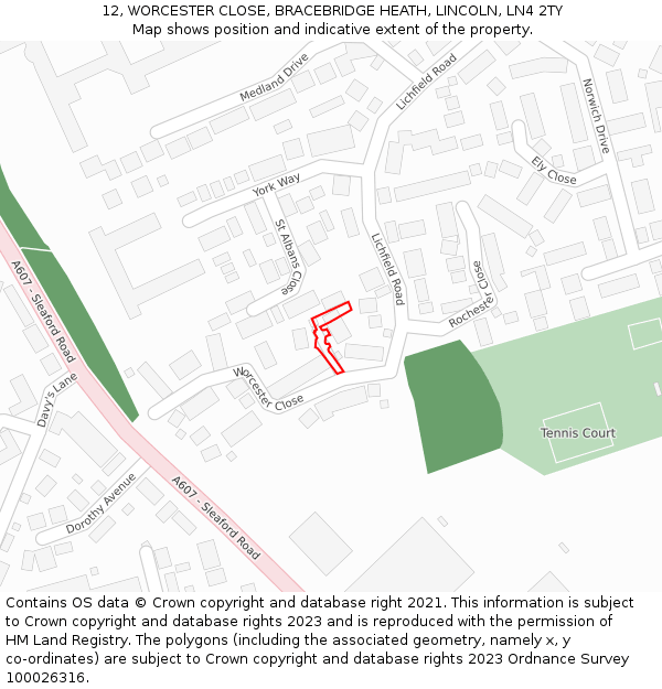 12, WORCESTER CLOSE, BRACEBRIDGE HEATH, LINCOLN, LN4 2TY: Location map and indicative extent of plot