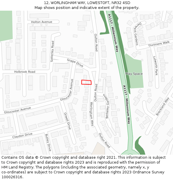 12, WORLINGHAM WAY, LOWESTOFT, NR32 4SD: Location map and indicative extent of plot