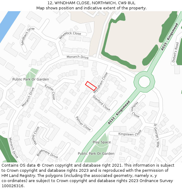 12, WYNDHAM CLOSE, NORTHWICH, CW9 8UL: Location map and indicative extent of plot