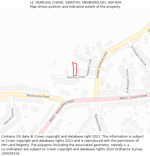 12, YEARLING CHASE, SWINTON, MEXBOROUGH, S64 8XA: Location map and indicative extent of plot