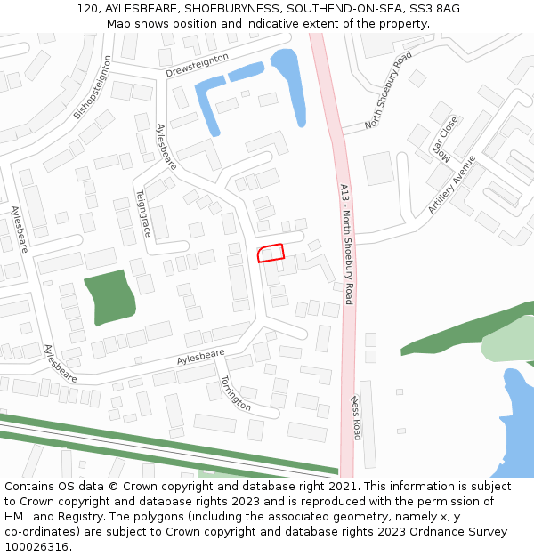 120, AYLESBEARE, SHOEBURYNESS, SOUTHEND-ON-SEA, SS3 8AG: Location map and indicative extent of plot