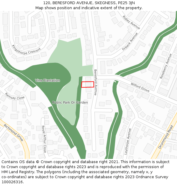 120, BERESFORD AVENUE, SKEGNESS, PE25 3JN: Location map and indicative extent of plot