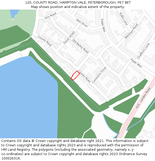 120, COUNTY ROAD, HAMPTON VALE, PETERBOROUGH, PE7 8ET: Location map and indicative extent of plot