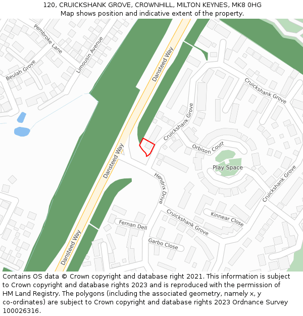 120, CRUICKSHANK GROVE, CROWNHILL, MILTON KEYNES, MK8 0HG: Location map and indicative extent of plot