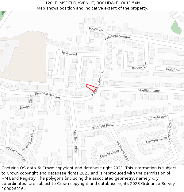 120, ELMSFIELD AVENUE, ROCHDALE, OL11 5XN: Location map and indicative extent of plot