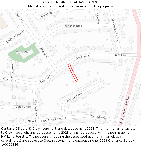 120, GREEN LANE, ST ALBANS, AL3 6EU: Location map and indicative extent of plot