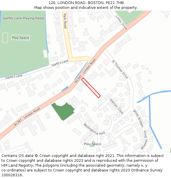 120, LONDON ROAD, BOSTON, PE21 7HB: Location map and indicative extent of plot