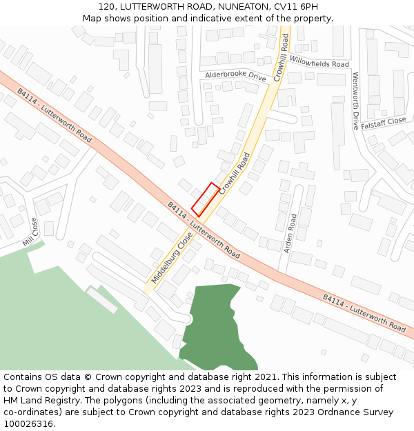 120, LUTTERWORTH ROAD, NUNEATON, CV11 6PH: Location map and indicative extent of plot