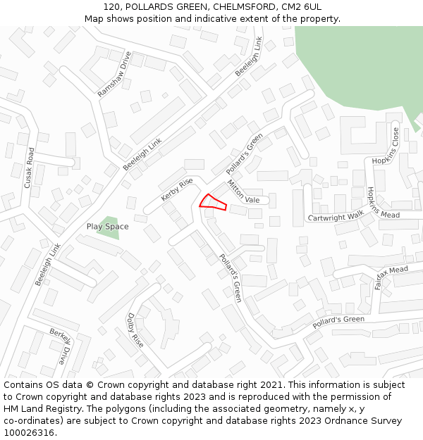 120, POLLARDS GREEN, CHELMSFORD, CM2 6UL: Location map and indicative extent of plot