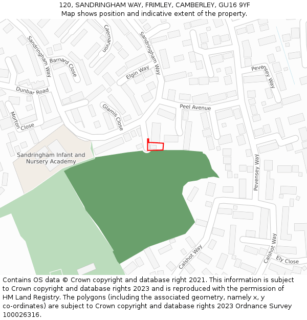 120, SANDRINGHAM WAY, FRIMLEY, CAMBERLEY, GU16 9YF: Location map and indicative extent of plot