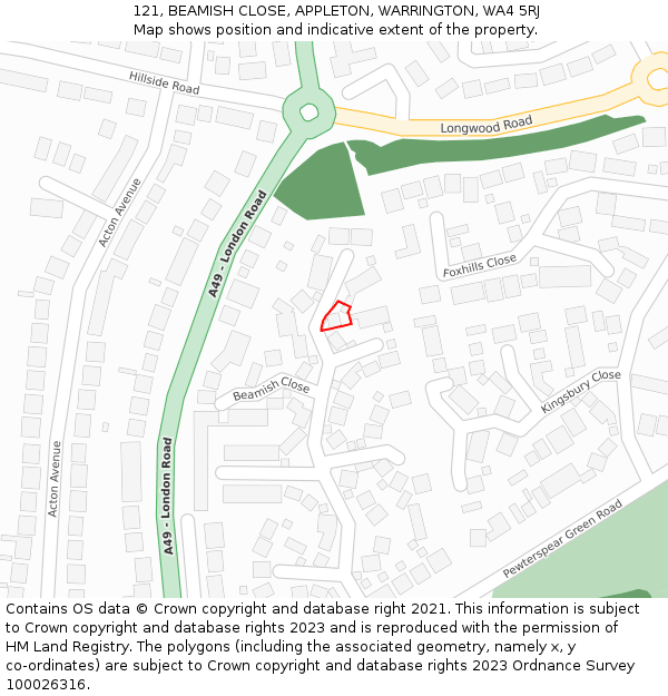 121, BEAMISH CLOSE, APPLETON, WARRINGTON, WA4 5RJ: Location map and indicative extent of plot
