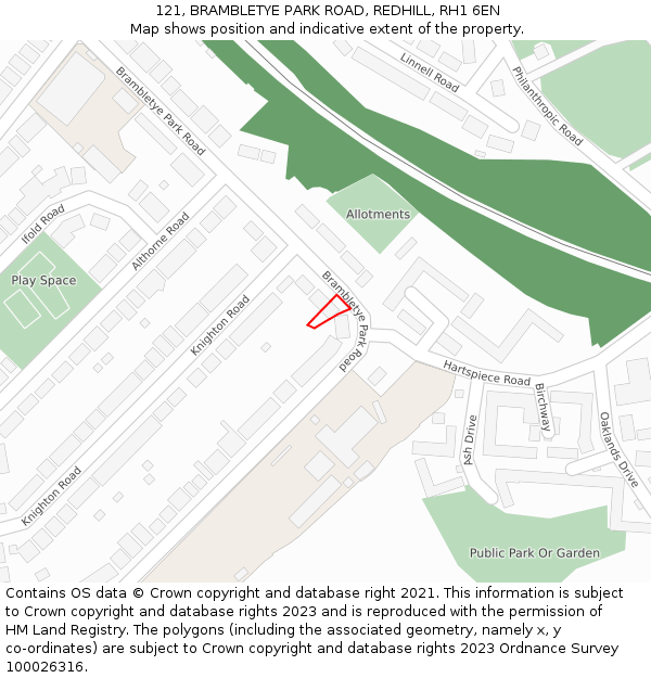 121, BRAMBLETYE PARK ROAD, REDHILL, RH1 6EN: Location map and indicative extent of plot