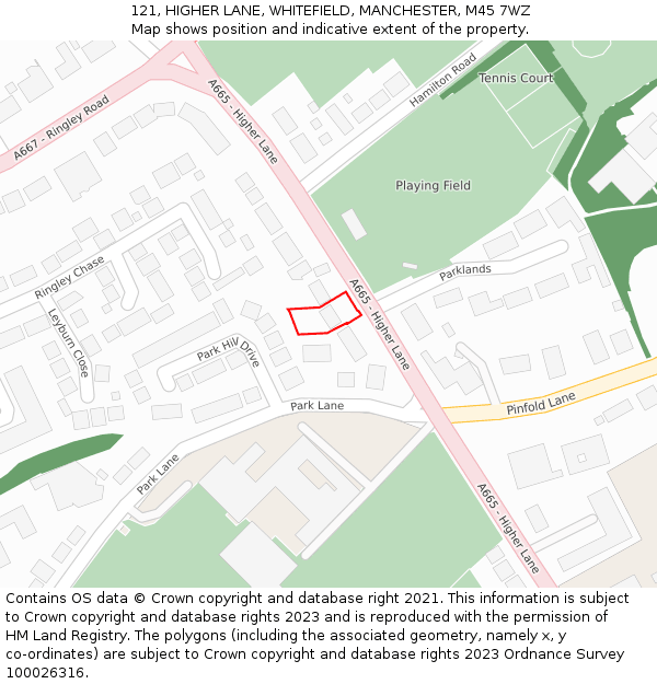 121, HIGHER LANE, WHITEFIELD, MANCHESTER, M45 7WZ: Location map and indicative extent of plot