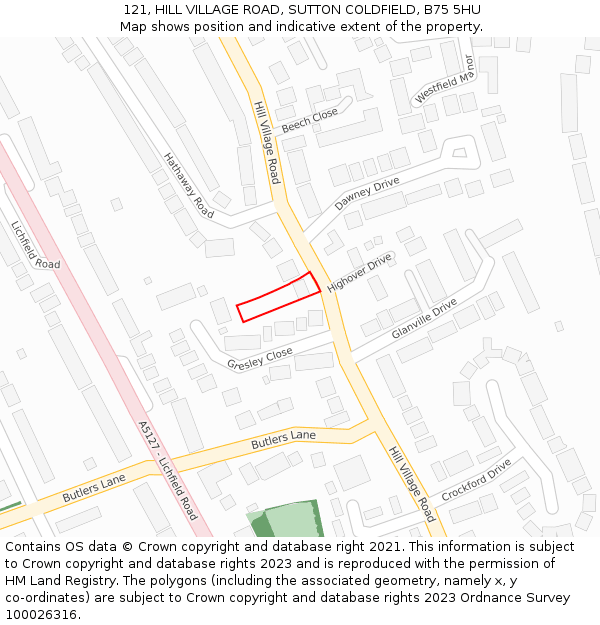 121, HILL VILLAGE ROAD, SUTTON COLDFIELD, B75 5HU: Location map and indicative extent of plot