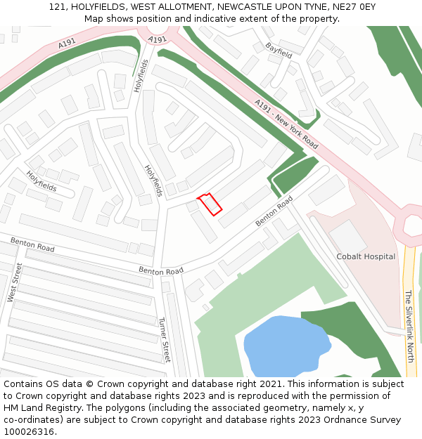 121, HOLYFIELDS, WEST ALLOTMENT, NEWCASTLE UPON TYNE, NE27 0EY: Location map and indicative extent of plot