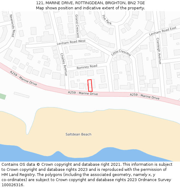 121, MARINE DRIVE, ROTTINGDEAN, BRIGHTON, BN2 7GE: Location map and indicative extent of plot