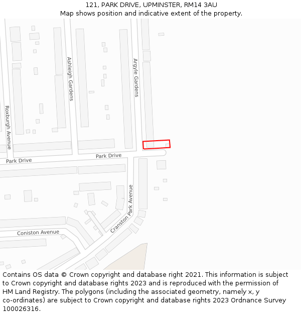121, PARK DRIVE, UPMINSTER, RM14 3AU: Location map and indicative extent of plot