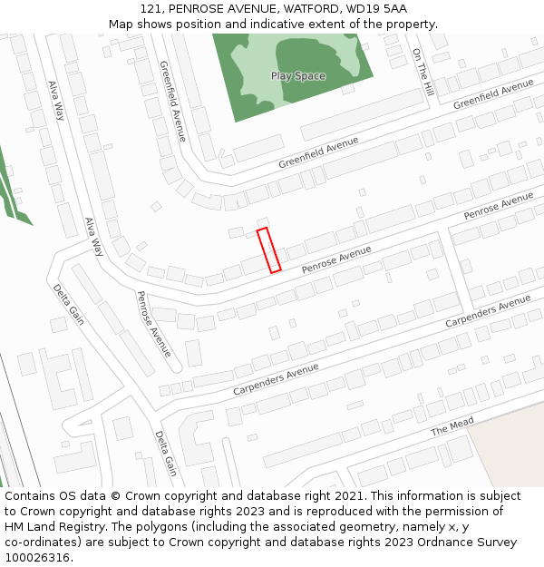 121, PENROSE AVENUE, WATFORD, WD19 5AA: Location map and indicative extent of plot