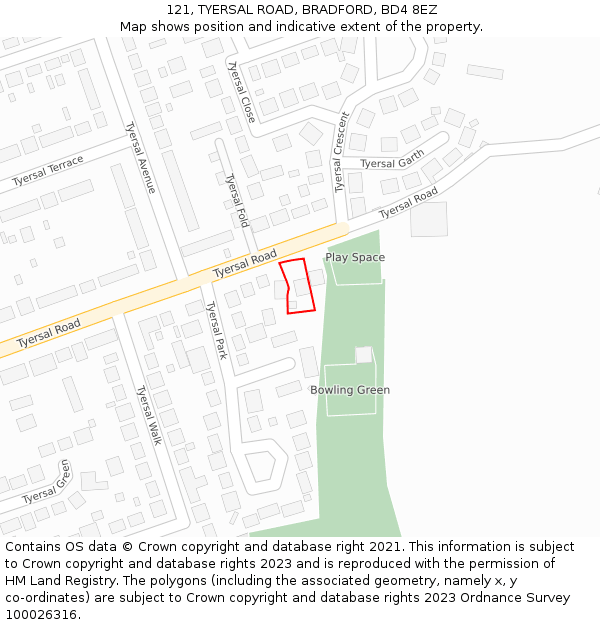 121, TYERSAL ROAD, BRADFORD, BD4 8EZ: Location map and indicative extent of plot