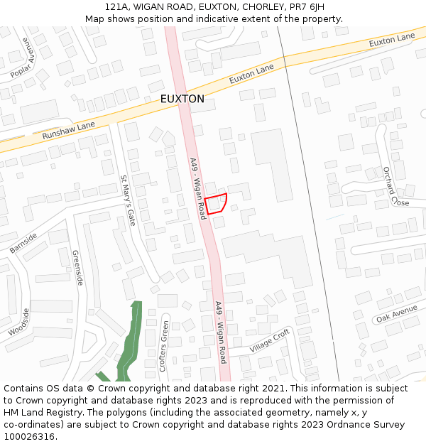 121A, WIGAN ROAD, EUXTON, CHORLEY, PR7 6JH: Location map and indicative extent of plot