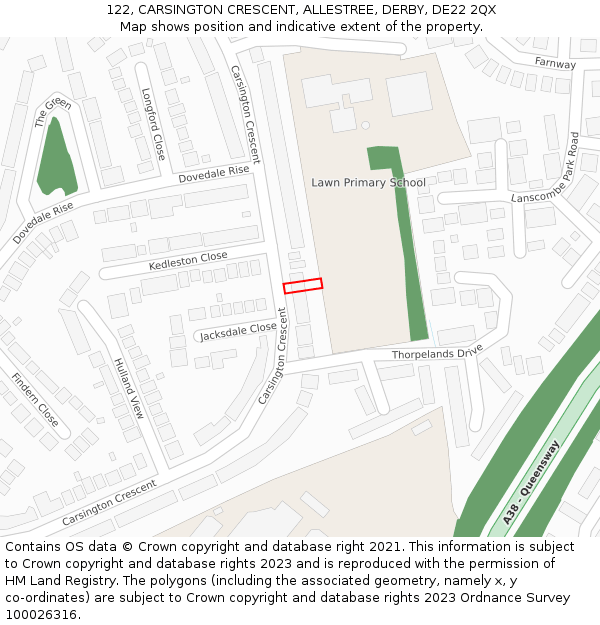 122, CARSINGTON CRESCENT, ALLESTREE, DERBY, DE22 2QX: Location map and indicative extent of plot
