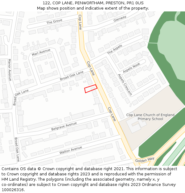 122, COP LANE, PENWORTHAM, PRESTON, PR1 0US: Location map and indicative extent of plot