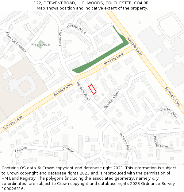122, DERWENT ROAD, HIGHWOODS, COLCHESTER, CO4 9RU: Location map and indicative extent of plot