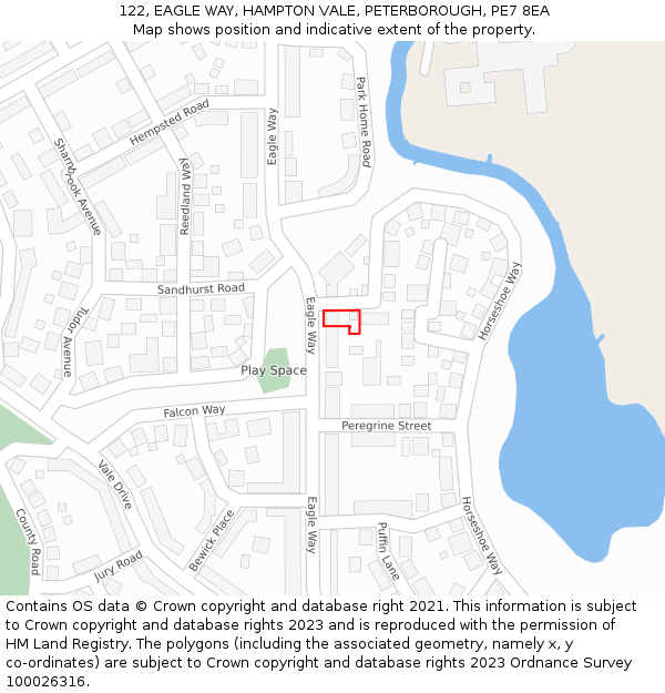 122, EAGLE WAY, HAMPTON VALE, PETERBOROUGH, PE7 8EA: Location map and indicative extent of plot