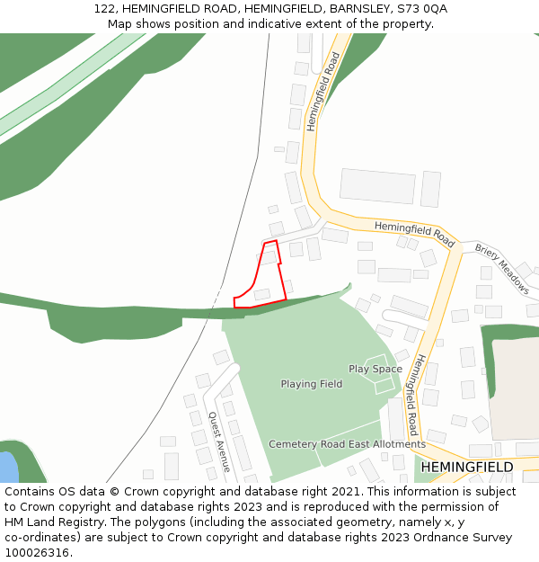 122, HEMINGFIELD ROAD, HEMINGFIELD, BARNSLEY, S73 0QA: Location map and indicative extent of plot