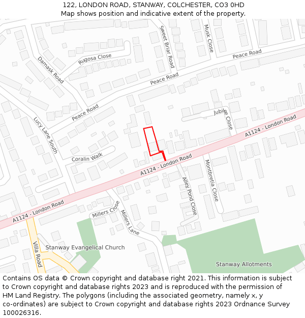 122, LONDON ROAD, STANWAY, COLCHESTER, CO3 0HD: Location map and indicative extent of plot
