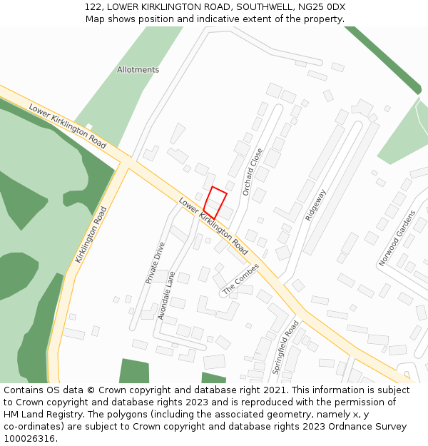 122, LOWER KIRKLINGTON ROAD, SOUTHWELL, NG25 0DX: Location map and indicative extent of plot