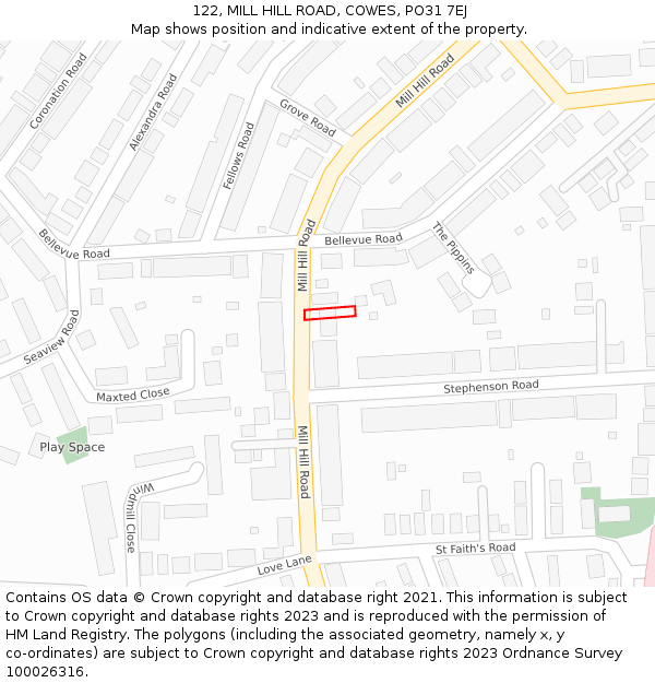 122, MILL HILL ROAD, COWES, PO31 7EJ: Location map and indicative extent of plot