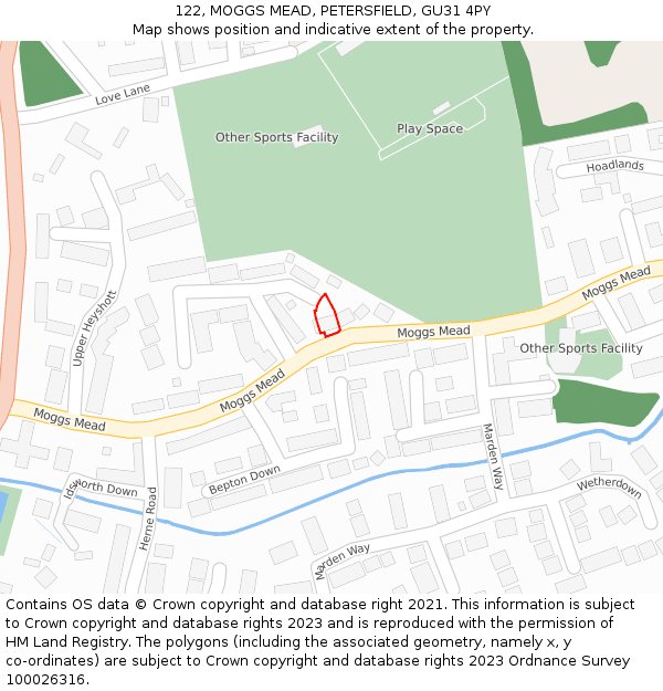 122, MOGGS MEAD, PETERSFIELD, GU31 4PY: Location map and indicative extent of plot