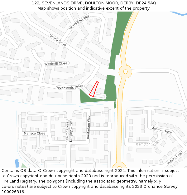 122, SEVENLANDS DRIVE, BOULTON MOOR, DERBY, DE24 5AQ: Location map and indicative extent of plot