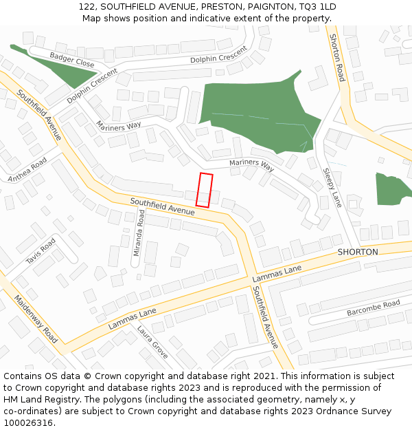 122, SOUTHFIELD AVENUE, PRESTON, PAIGNTON, TQ3 1LD: Location map and indicative extent of plot