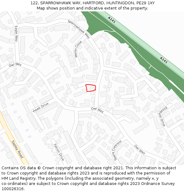 122, SPARROWHAWK WAY, HARTFORD, HUNTINGDON, PE29 1XY: Location map and indicative extent of plot