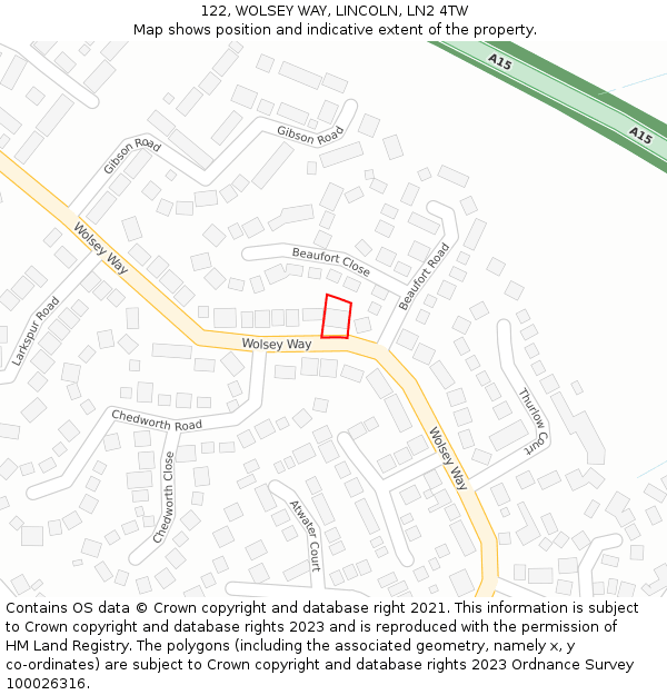 122, WOLSEY WAY, LINCOLN, LN2 4TW: Location map and indicative extent of plot