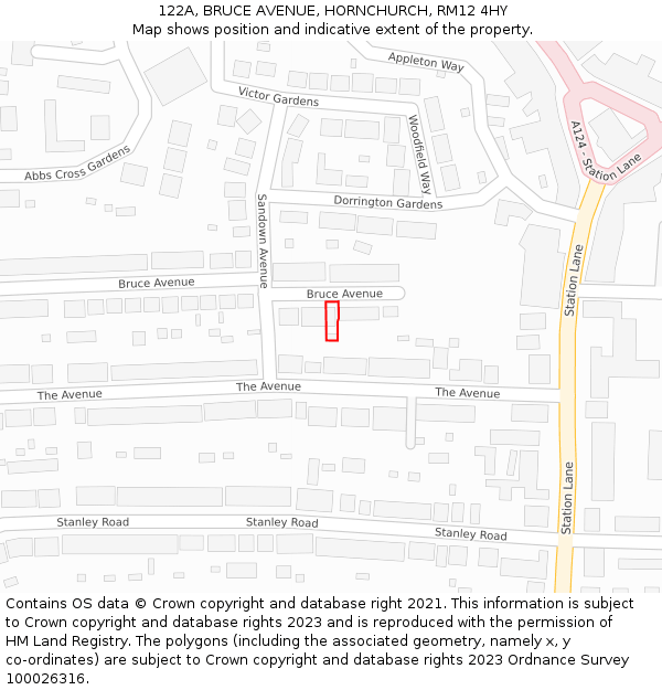 122A, BRUCE AVENUE, HORNCHURCH, RM12 4HY: Location map and indicative extent of plot
