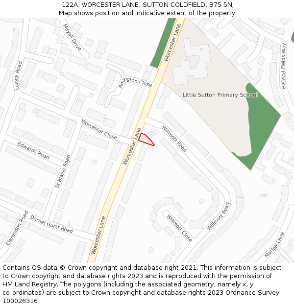 122A, WORCESTER LANE, SUTTON COLDFIELD, B75 5NJ: Location map and indicative extent of plot