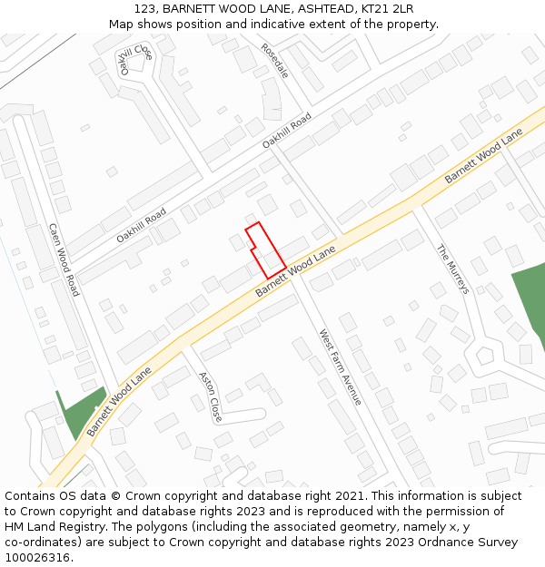 123, BARNETT WOOD LANE, ASHTEAD, KT21 2LR: Location map and indicative extent of plot