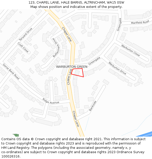 123, CHAPEL LANE, HALE BARNS, ALTRINCHAM, WA15 0SW: Location map and indicative extent of plot